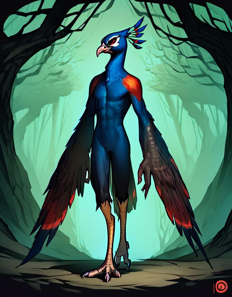 score_9, score_8_up, score_7_up, score_6_up, score_5_up, score_4_up, peacock, solo, standing, red eyes, full body, no humans, talons,beak,fantasy forest backround, <lora:peacock_pony:0.8>
