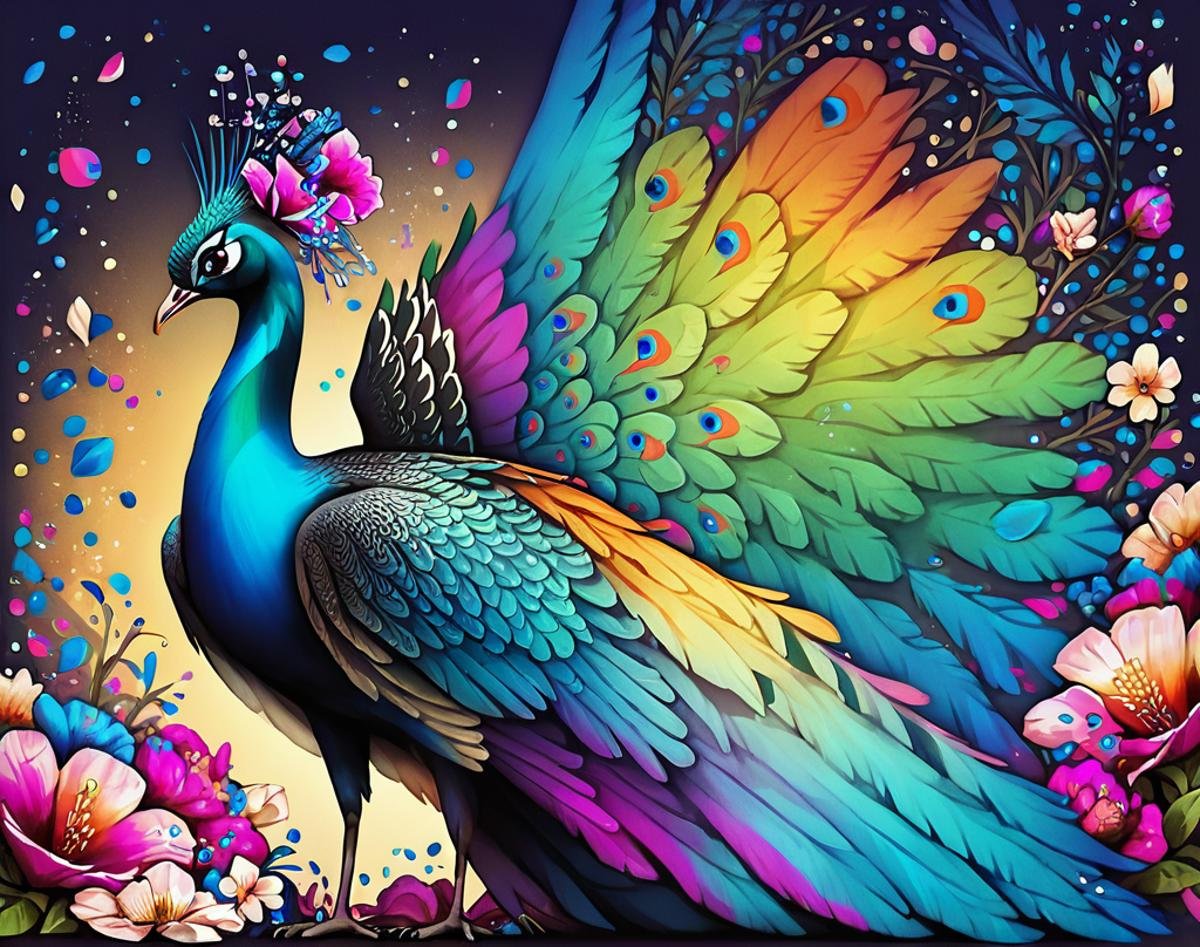 score_9, score_8_up, score_7_up, score_6_up, score_5_up, score_4_up, peacock, no humans, bird, solo, animal focus, colorful, wings, flower, <lora:peacock_pony:0.8>
