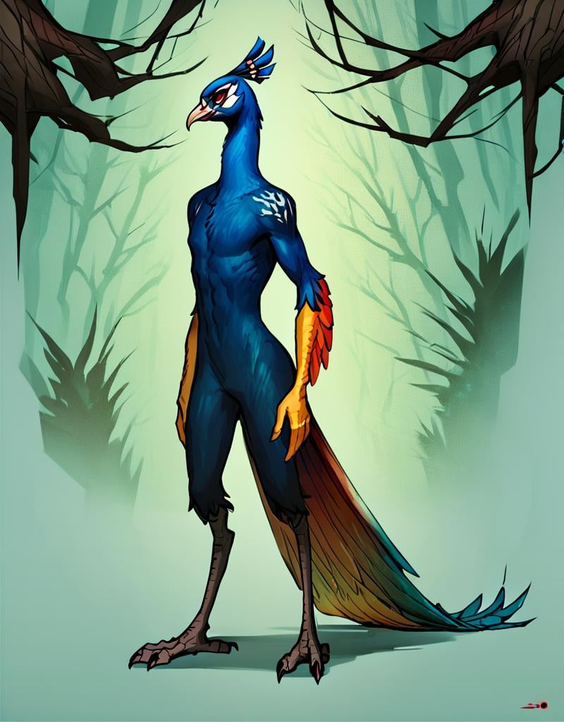 score_9, score_8_up, score_7_up, score_6_up, score_5_up, score_4_up, peacock, solo, standing, red eyes, full body, no humans, talons,beak,fantasy forest backround, <lora:peacock_pony:0.8>