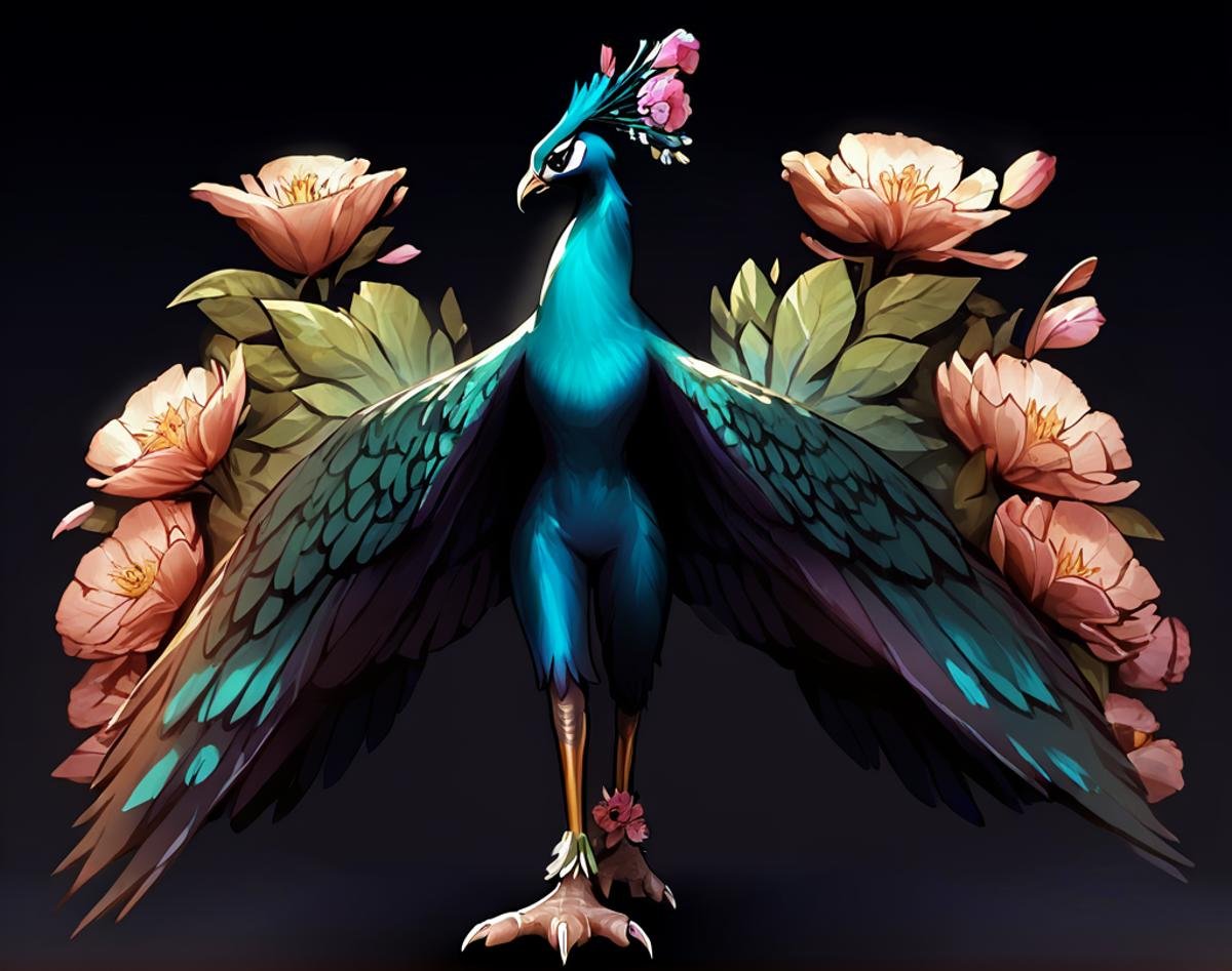score_9, score_8_up, score_7_up, score_6_up, score_5_up, score_4_up, peacock, no humans, animal focus, bird, flower, solo, talons, wings, black background, standing, full body, gradient, <lora:peacock_pony:0.8>