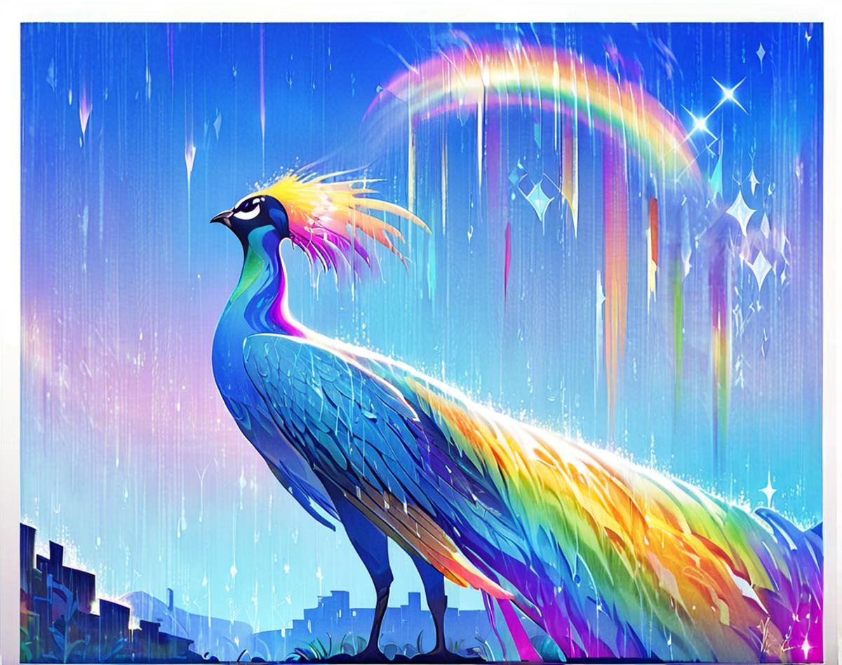score_9, score_8_up, score_7_up, score_6_up, score_5_up, score_4_up, peacock, score_9, rainbow, no humans, bird, colorful, rain,  solo, animal focus, border, sparkle, sky, looking up, animal, outdoors, <lora:peacock_pony:0.8>