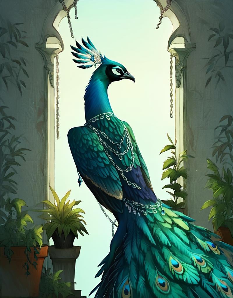 score_9, score_8_up, score_7_up, score_6_up, score_5_up, score_4_up, peacock, no humans, solo, plant, jewelry, bird, necklace, feathers, chain, <lora:peacock_pony:0.8>