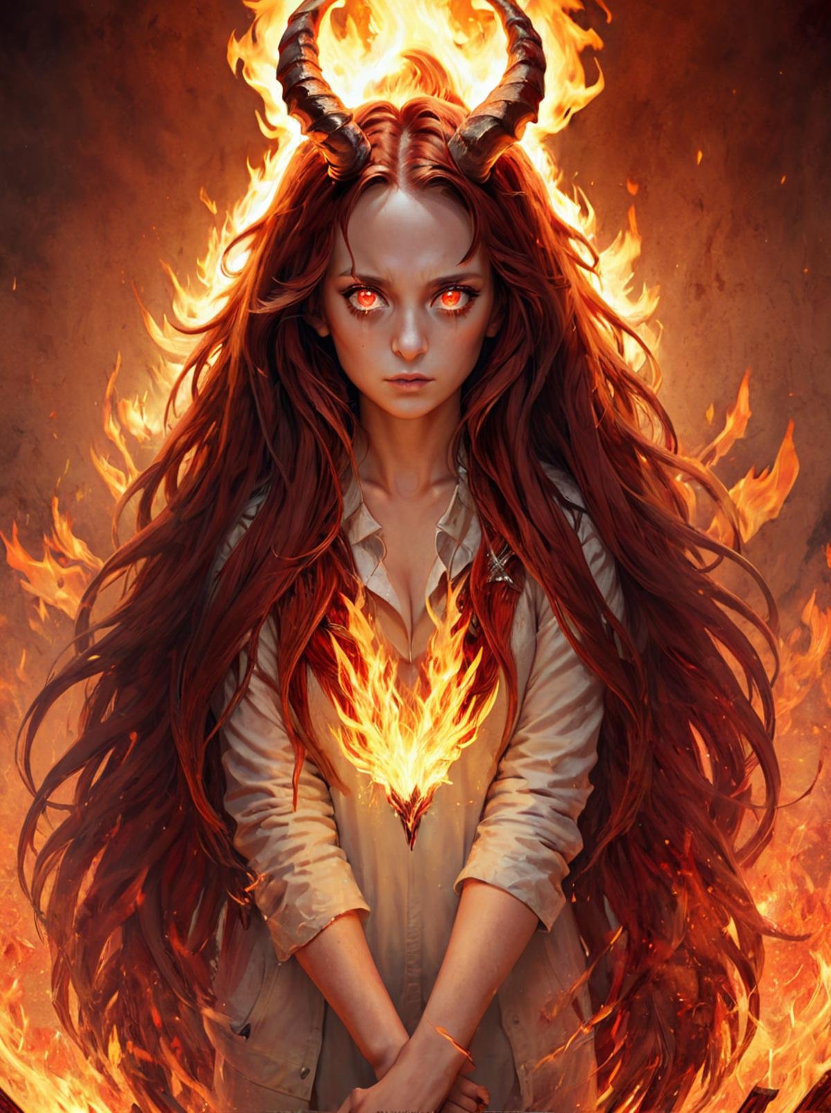 masterpiece,high resolution,detailed, <lora:fire_xl:0.8>,firemode,, 1girl, solo, fire, horns, long hair, red eyes, phoenix