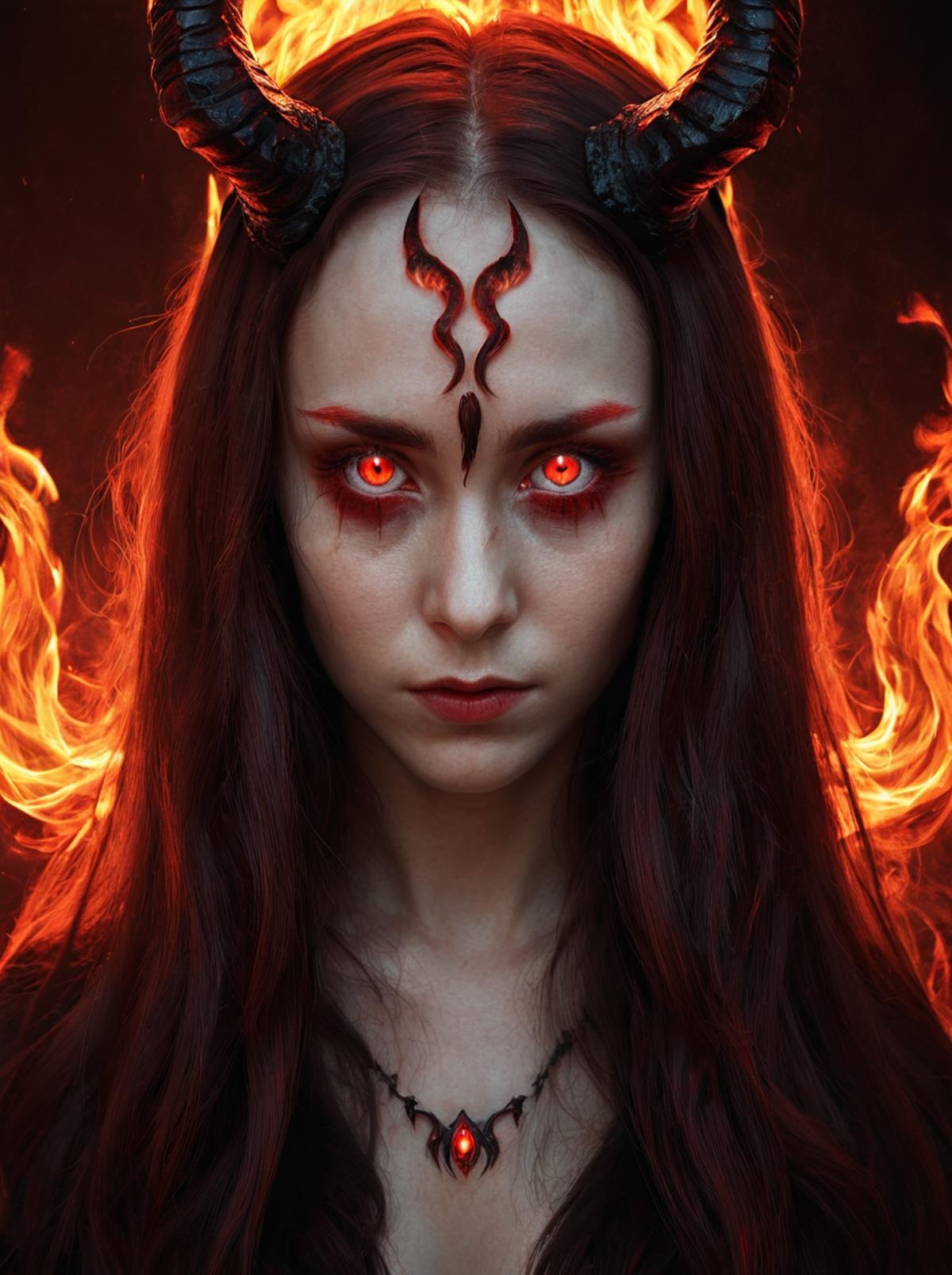 masterpiece,cinematic view,high resolution,detailed, <lora:fire_xl:0.8>, firemode,red pupils,dark black sclera, , 1girl, solo, fire, horns, long hair, phoenix girl,portrait,glowing red pupils,dark theme,horror theme,