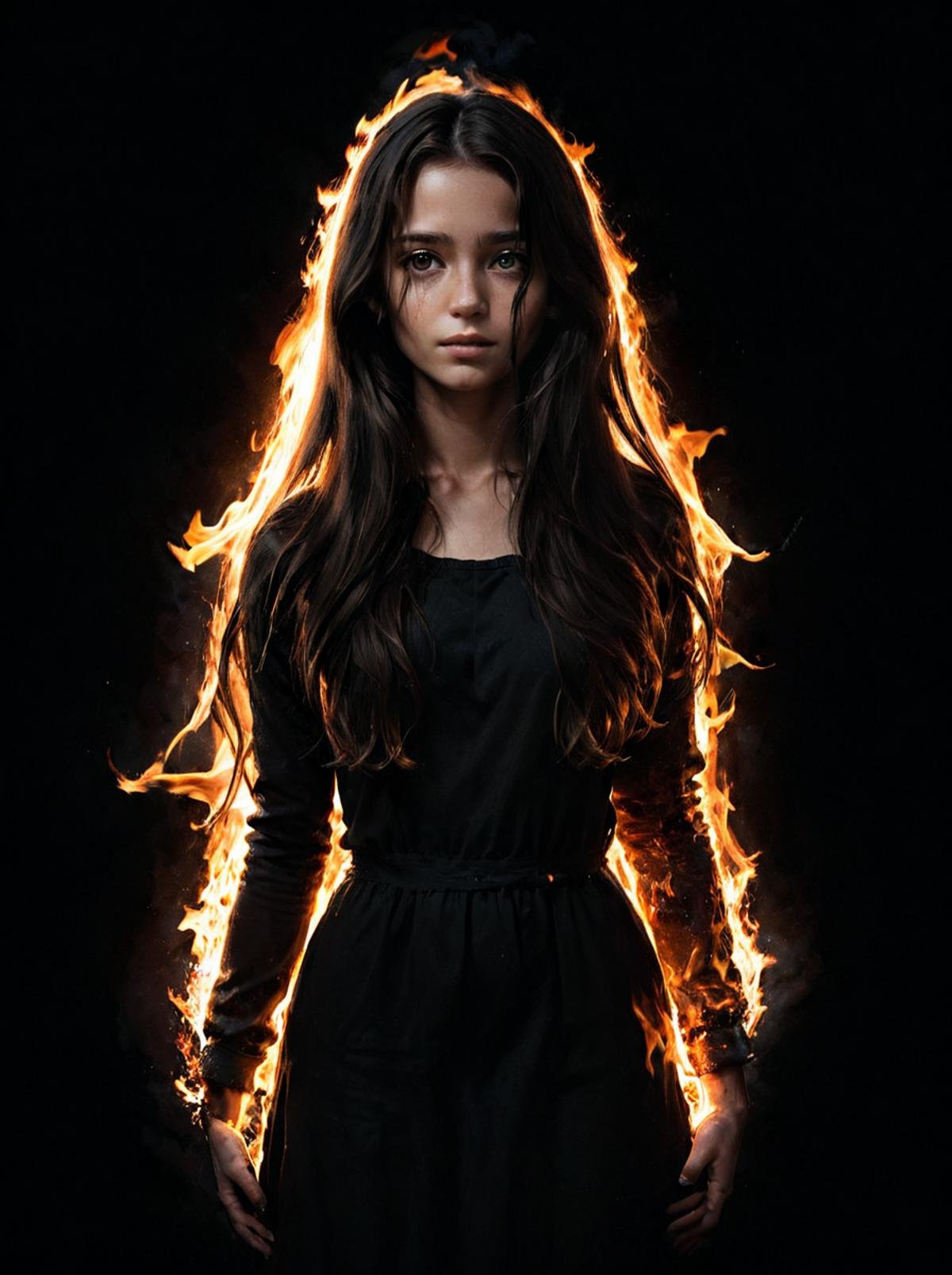 masterpiece,high resolution,detailed, <lora:fire_xl:0.8>,firemode, , solo, fire, burning, 1girl, black background, standing, long hair, female focus,shadow