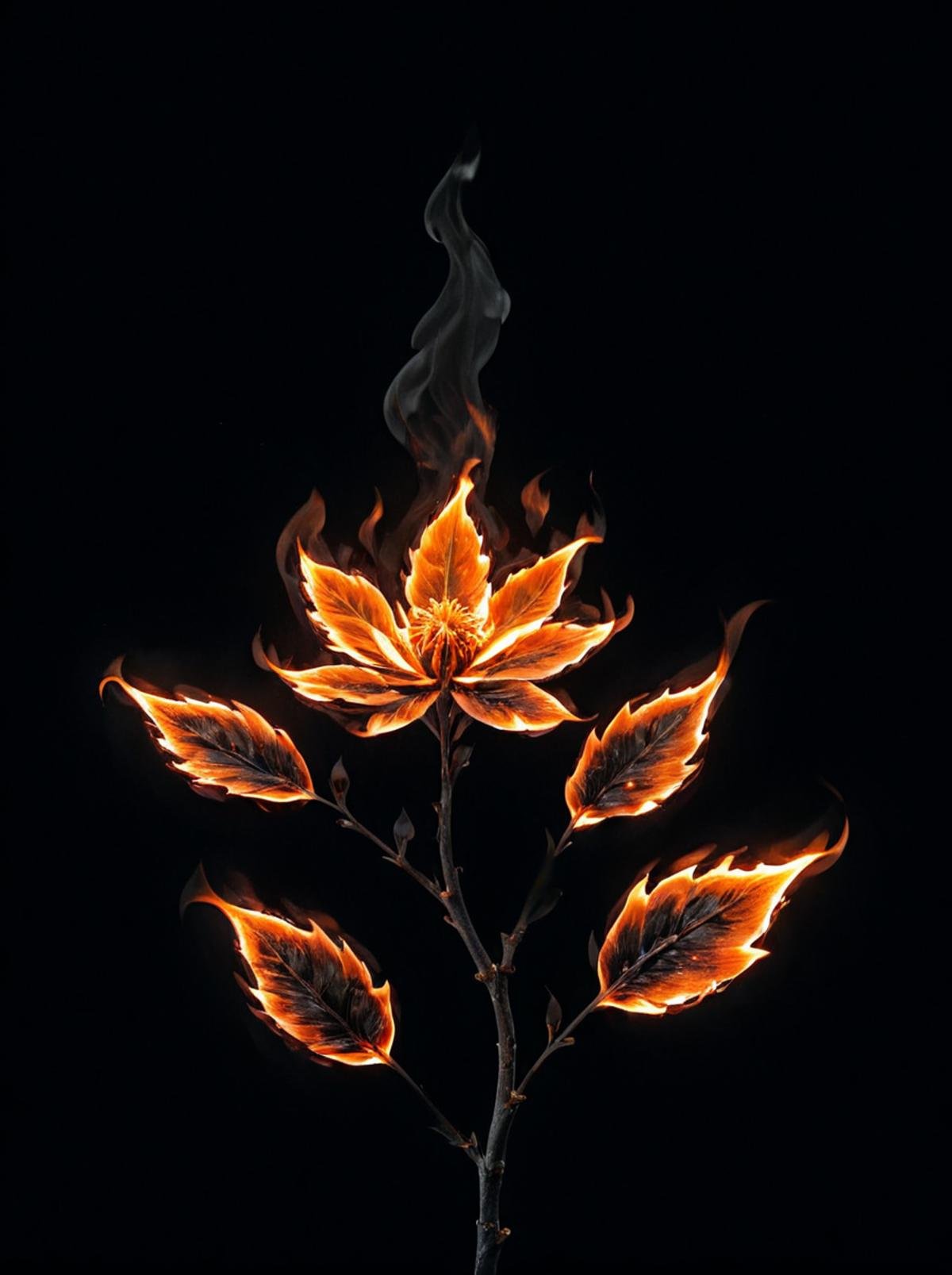 masterpiece,high resolution,detailed, <lora:fire_xl:0.8>,firemode,flower,leaf,black backround,made of fire,glow