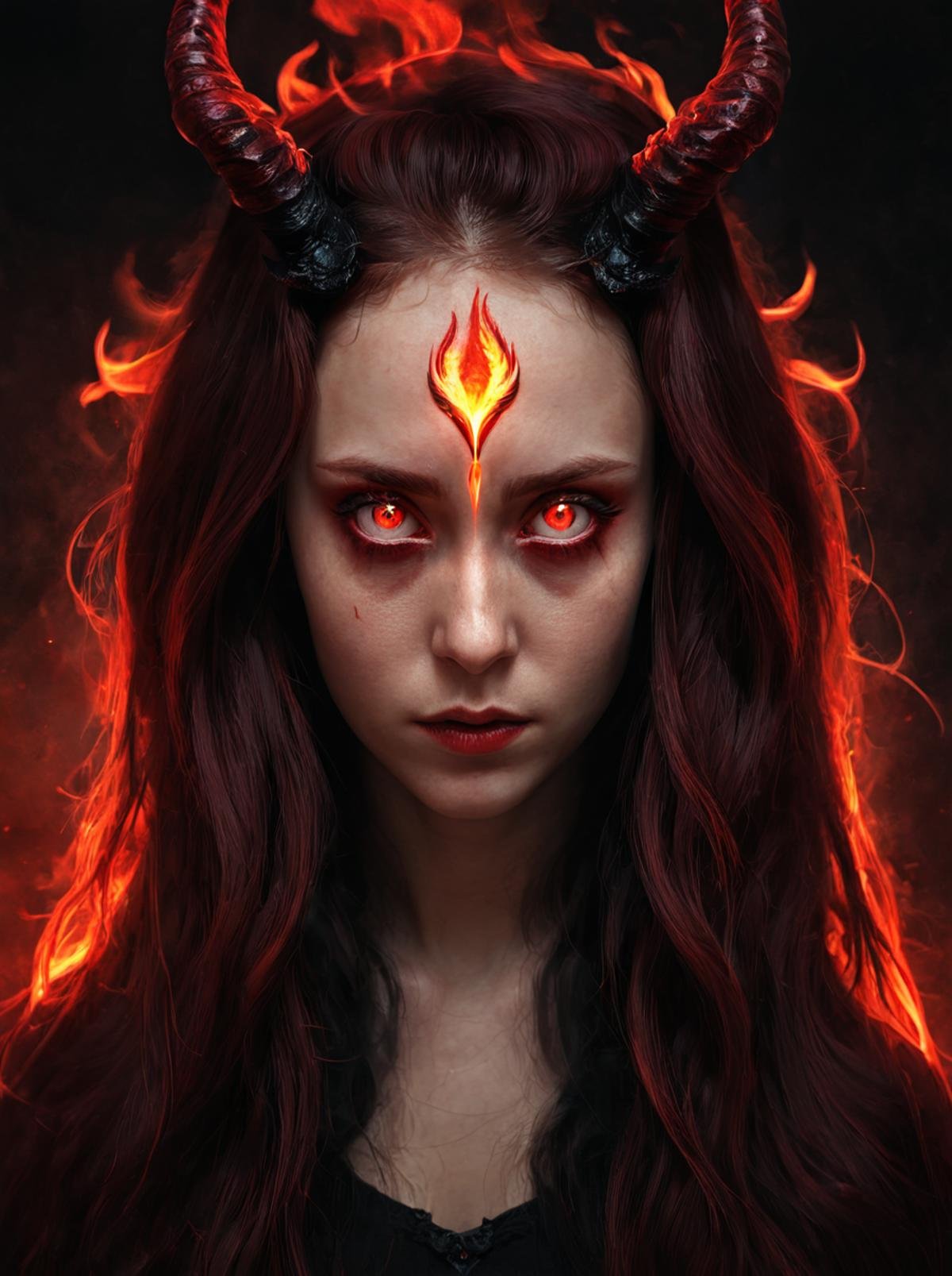 masterpiece,cinematic view,high resolution,detailed, <lora:fire_xl:0.8>, firemode,red pupils,dark black sclera, , 1girl, solo, fire, horns, long hair, phoenix girl,portrait,glowing red pupils,dark theme,horror theme,