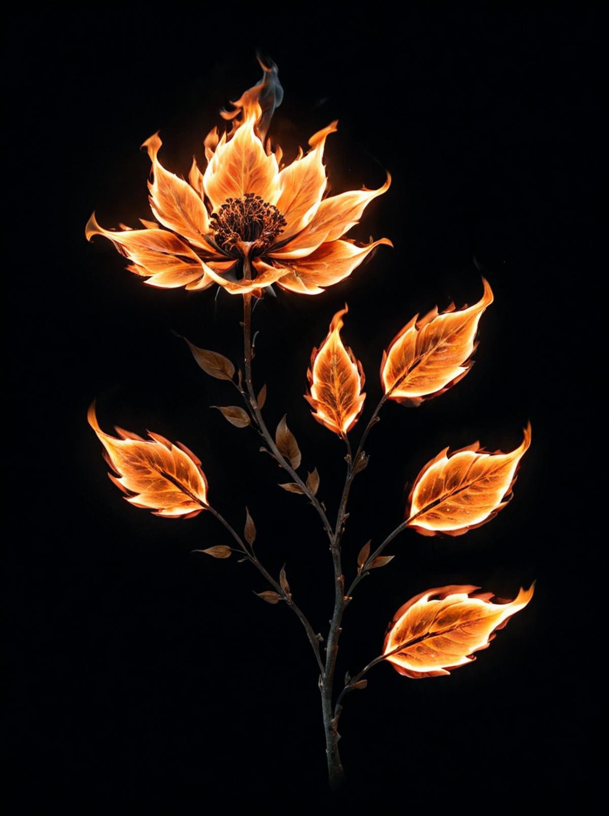 masterpiece,high resolution,detailed, <lora:fire_xl:0.8>,firemode,flower,leaf,black backround,made of fire,glow