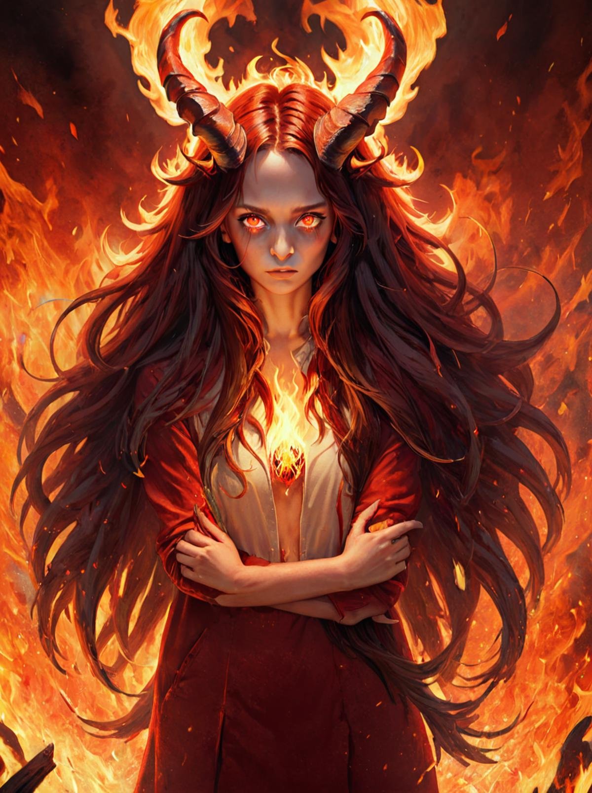 masterpiece,high resolution,detailed, <lora:fire_xl:0.8>,firemode,, 1girl, solo, fire, horns, long hair, red eyes, phoenix