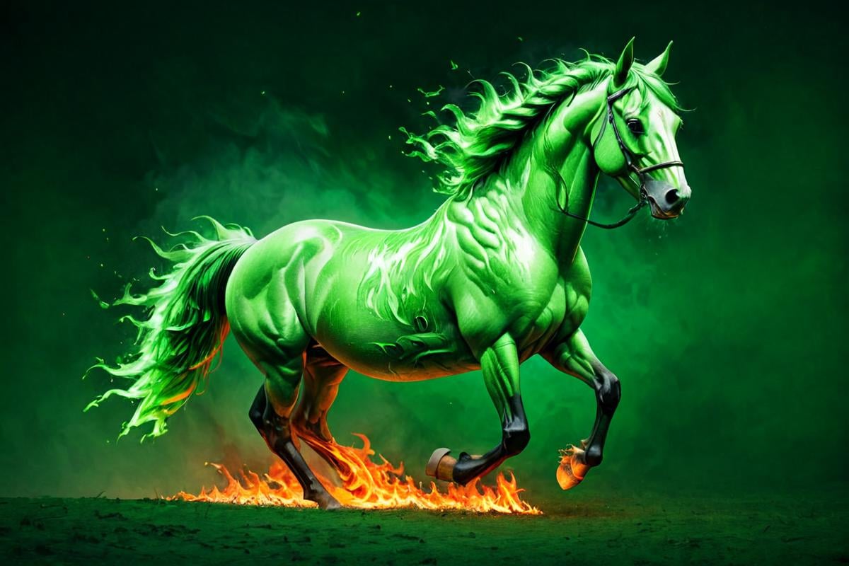 masterpiece,high resolution,detailed, <lora:fire_xl:0.8>,firemode,  green theme,fire,horse