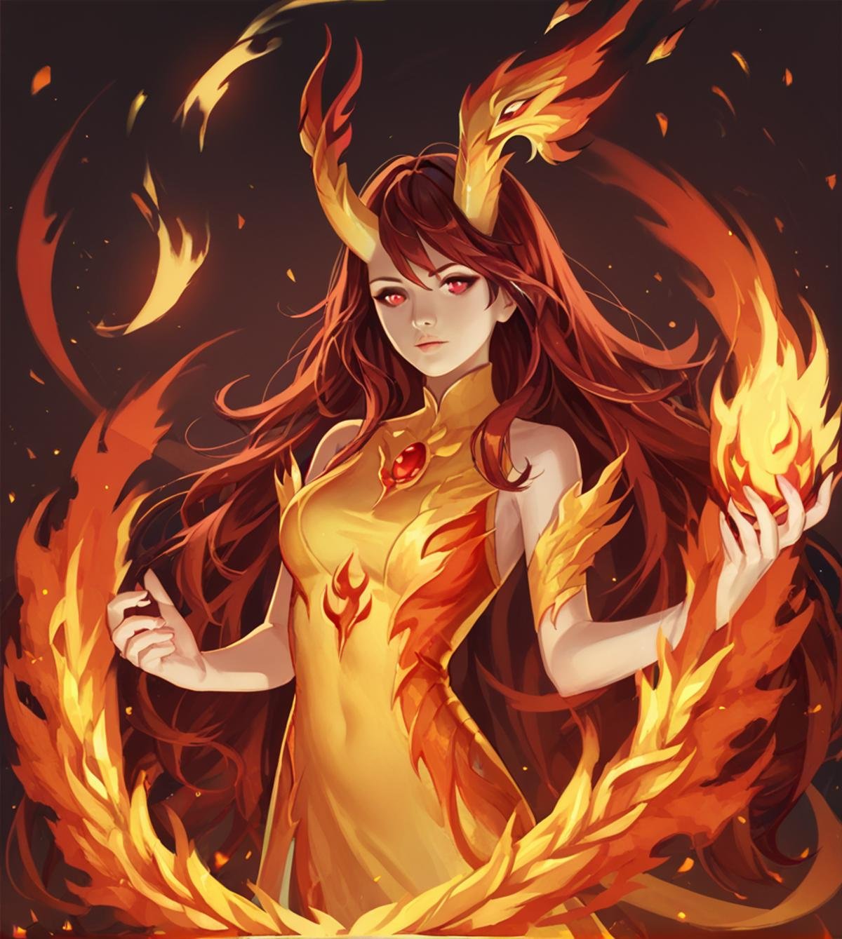 score_9, score_8_up, score_7_up, score_6_up, score_5_up, score_4_up,  <lora:fire:0.8>,firemode,, 1girl, solo, fire, horns, long hair, red eyes, phoenix