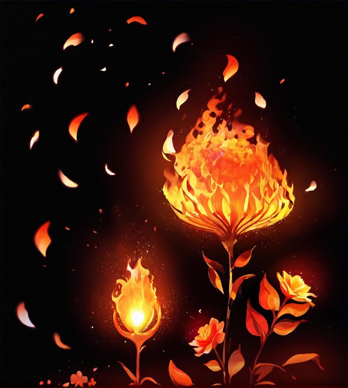 score_9, score_8_up, score_7_up, score_6_up, score_5_up, score_4_up, <lora:fire:0.8>,firemode, , black background, solo, no humans,,fire flower,petal,fire plant ,glow