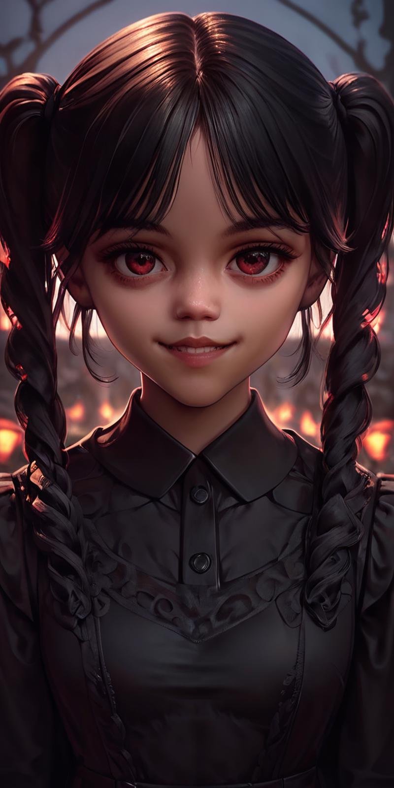 score_9, score_8_up, score_7_up,1girl,solo,looking at viewer,smile,hair in two ponytails,open mouth,red eyes,evil grin,evil eyes,dress,beautiful detailed face,big cute eyes, black dress, outdoor, <lora:Wednesday:1> Wednesday