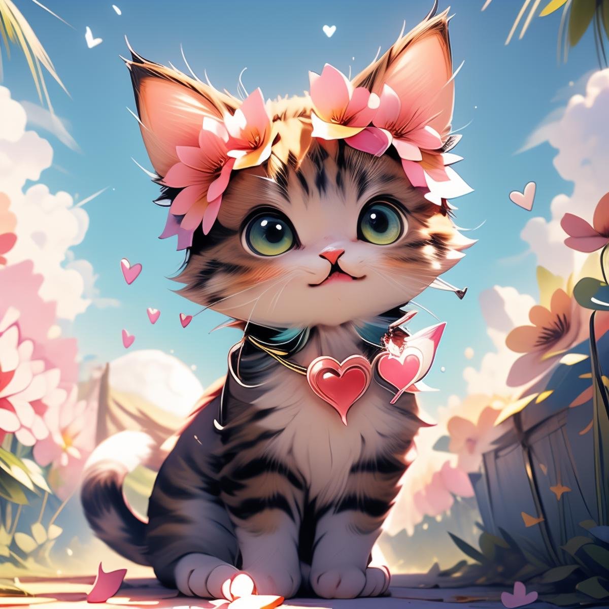 (no human:1.3), illustrious, Darling, cute cat animal, big eyes, flower petals, (colorful: 1.2), 3d, <lora:ValentineNatureStyle:0.9> ValentineNatureStyle, flowers, hearts,<lora:cat_20230627113759:0.9>