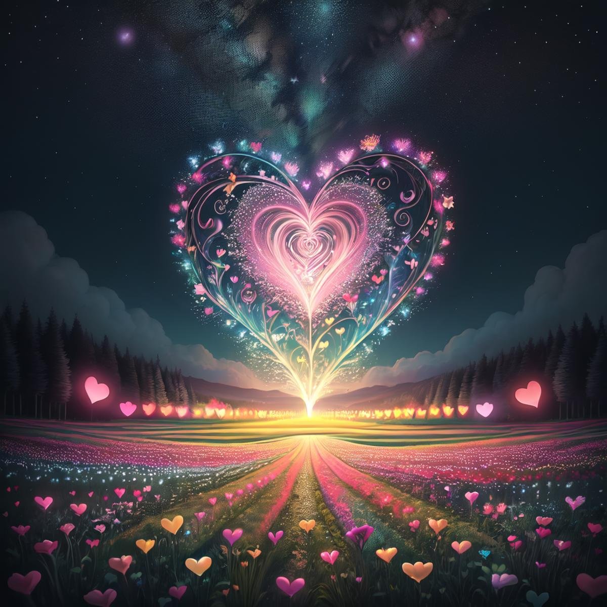 ValentineNatureStyle,flower,outdoors,sky,tree,no humans,night,grass,star (sky),nature,night sky,scenery,starry sky,field,colorful,heart shaped flower,valentine,  <lora:ValentineNatureStyle:1>