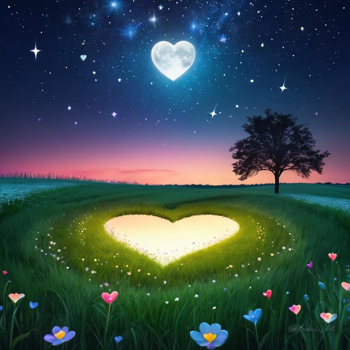 ValentineNatureStyle,flower,outdoors,sky,tree,no humans,night,grass,star (sky),heart shaped stars,heart shaped moon,nature,night sky,scenery,starry sky,field,colorful,heart shaped flower,valentine,  <lora:ValentineNatureStyle:1>, <lora:add_detail:0.8> <lora:more_details:0.8> <lora:colorfix:0.8>