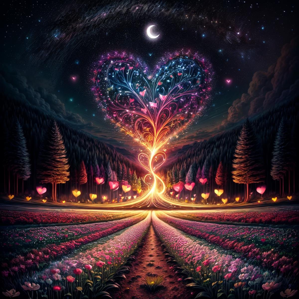 ValentineNatureStyle,flower,outdoors,sky,tree,no humans,night,grass,star (sky),heart shaped stars,heart shaped moon,nature,night sky,scenery,starry sky,field,colorful,heart shaped flower,valentine,  <lora:ValentineNatureStyle:1>, <lora:add_detail:0.8> <lora:more_details:0.8> <lora:colorfix:0.8>