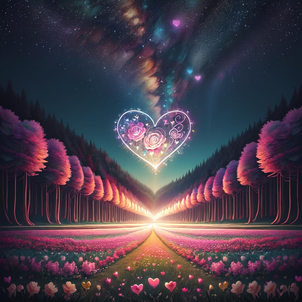 ValentineNatureStyle,flower,outdoors,sky,tree,no humans,night,grass,star (sky),nature,night sky,scenery,starry sky,field,colorful,heart shaped flower,valentine,  <lora:ValentineNatureStyle:1>