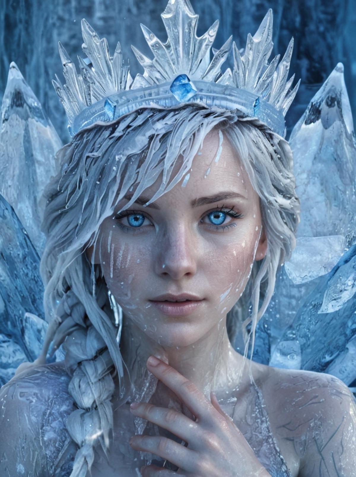 masterpiece,high resolution,detailed, <lora:water_xl:0.8> watermode,1girl,portrait,water style,ice hair,detailed,cinematic,looking at viewer,bright blue eyes,glowing blue eyes,frozen skin,ice crown,white skin,bright colors