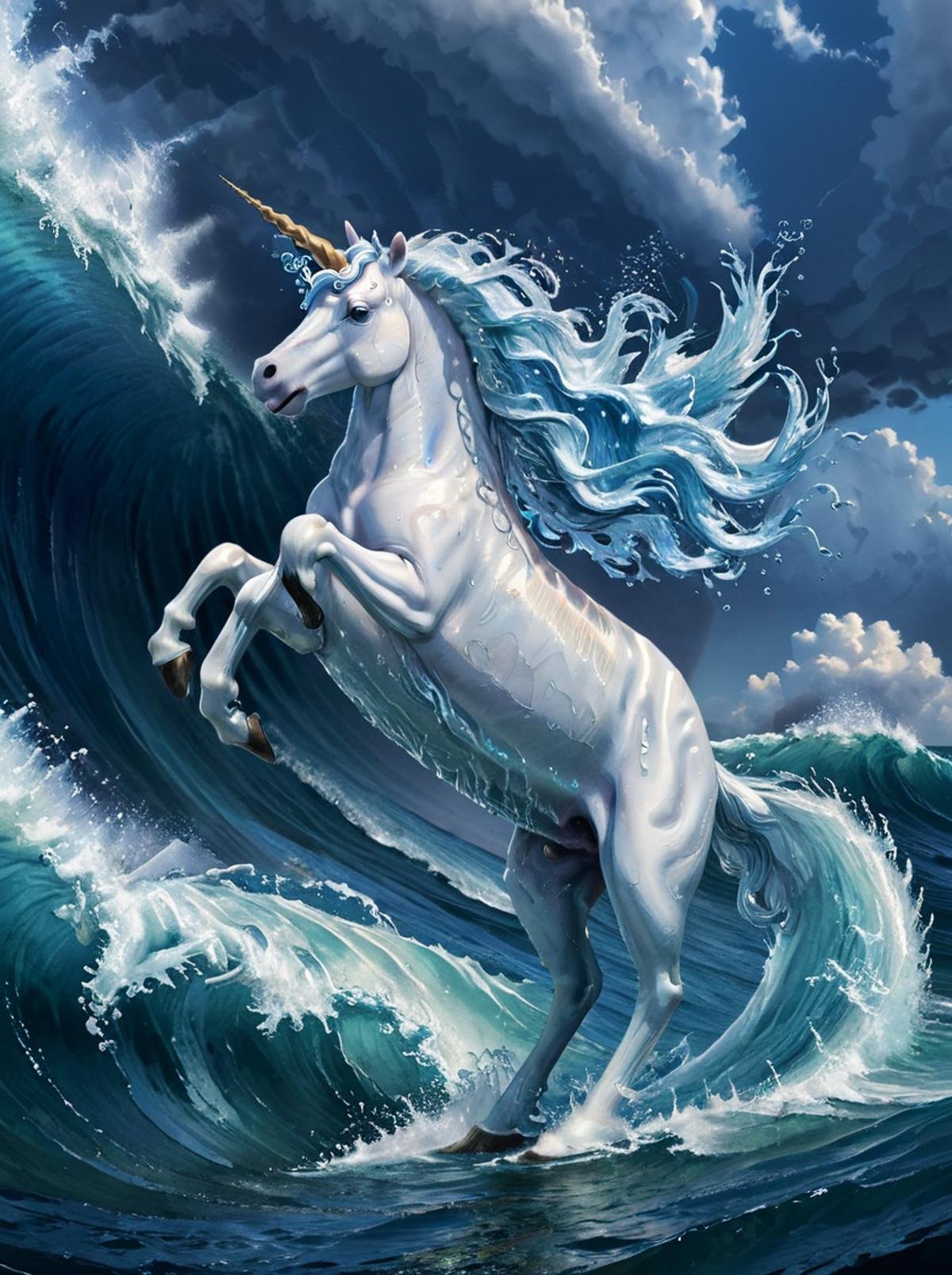 masterpiece,high resolution,detailed,<lora:water_xl:0.8>watermode, single horn, unicorn, no humans, water, waves, horns, , ocean, solo, cloud