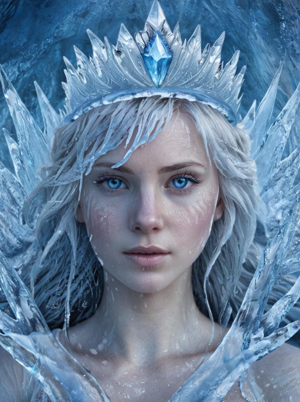 masterpiece,high resolution,detailed, <lora:water_xl:0.8> watermode,1girl,portrait,water style,ice hair,detailed,cinematic,looking at viewer,bright blue eyes,glowing blue eyes,frozen skin,ice crown,white skin,bright colors