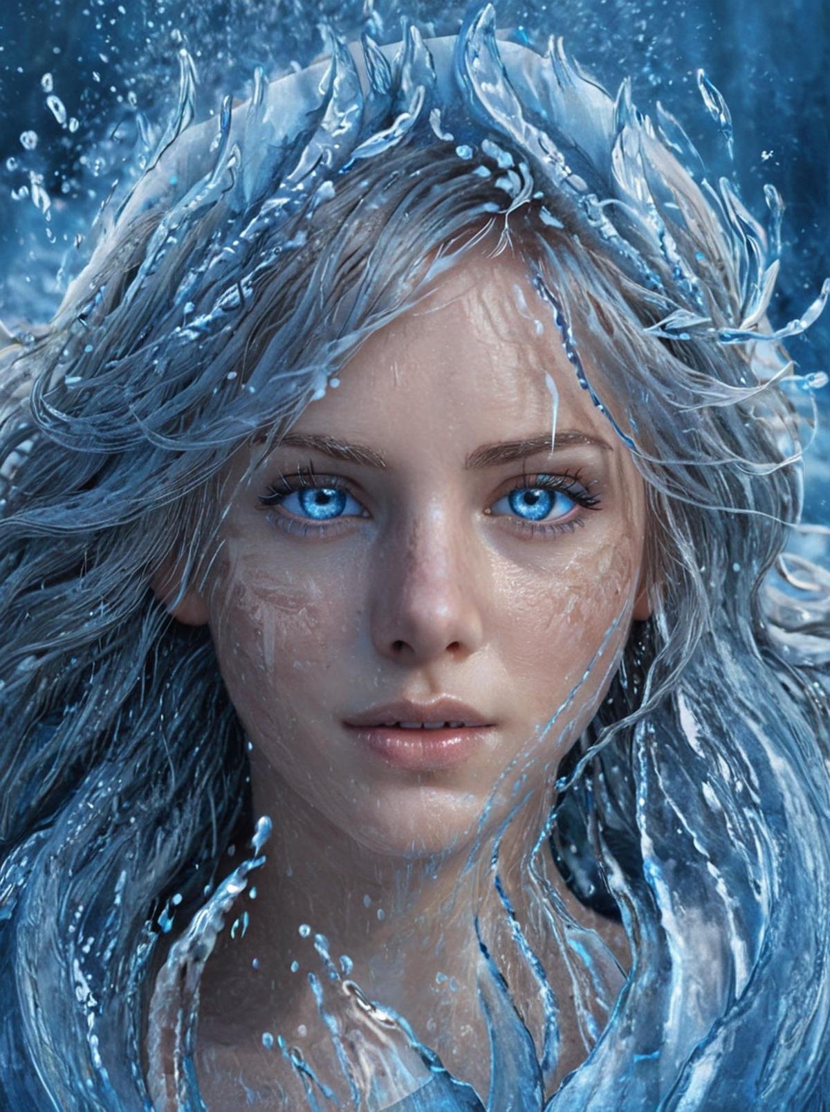 masterpiece,high resolution,detailed, <lora:water_xl:0.8> watermode,1girl,portrait,water style,ice hair,detailed,cinematic,looking at viewer,bright blue eyes,glowing blue eyes,fantasy