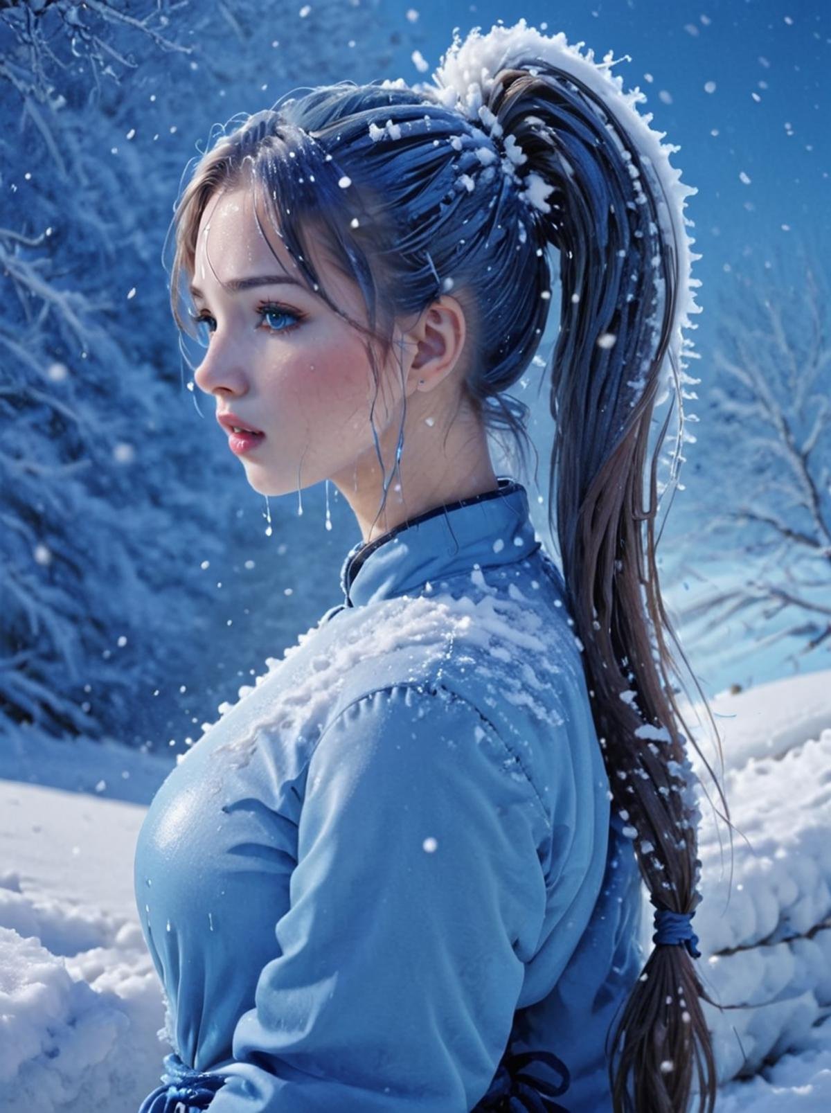 masterpiece,high resolution,detailed,<lora:water_xl:0.8>watermode, , 1girl, solo, long hair, ponytail, snowing, blue theme, snow, lips, snowing 