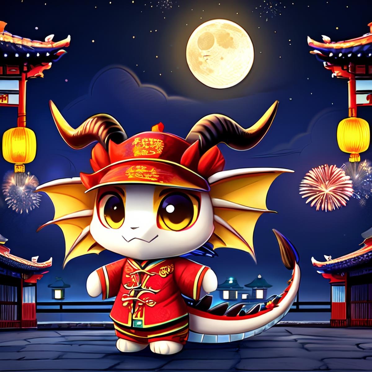 LunarChibiDragon,solo,hat,standing,tail,full body,flower,outdoors,wings,horns,sky,fang,chibi,no humans,night,moon,night sky,lantern,dragon,scales,architecture,company name,fireworks,east asian architecture,paper lantern,chibi,lunar new year, <lora:LunarChibiDragon:1>,cultural red and yellow chinese clothes