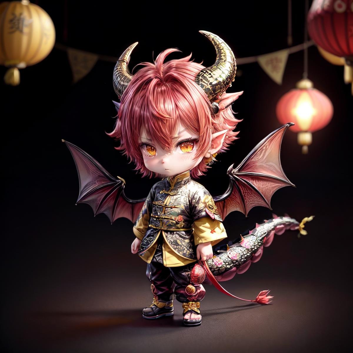 LunarChibiDragon,<lora:LunarChibiDragon:1>,solo,looking at viewer,short hair,yellow eyes,hair ornament,1boy,jewelry,redhair,tail,full body,flower,male focus,multicolored hair,earrings,wings,horns,hair flower,chibi,:3,colored skin,dragon horns,lantern,dragon tail,scales,paper lantern,dragon wings,dragon boy,chibi,lunar new year,yellow cultural chinese clothes with black  lines,detailed backround, <lora:add_detail:0.8> <lora:more_details:0.8>