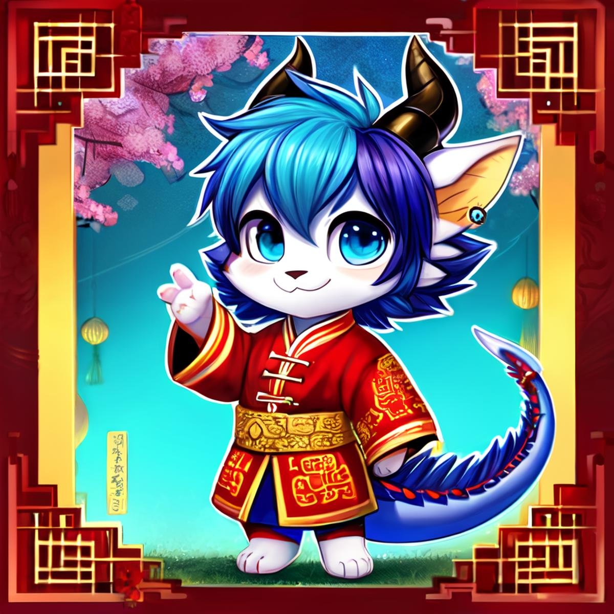 LunarChibiDragon,solo,looking at viewer,short hair,blue eyes,hair ornament,1boy,jewelry,blue hair,tail,full body,flower,male focus,multicolored hair,earrings,wings,horns,hair flower,chibi,:3,colored skin,dragon horns,lantern,dragon tail,scales,paper lantern,dragon wings,dragon boy,chibi,lunar new year, <lora:LunarChibiDragon:1>,cultural red and yellow chinese clothes