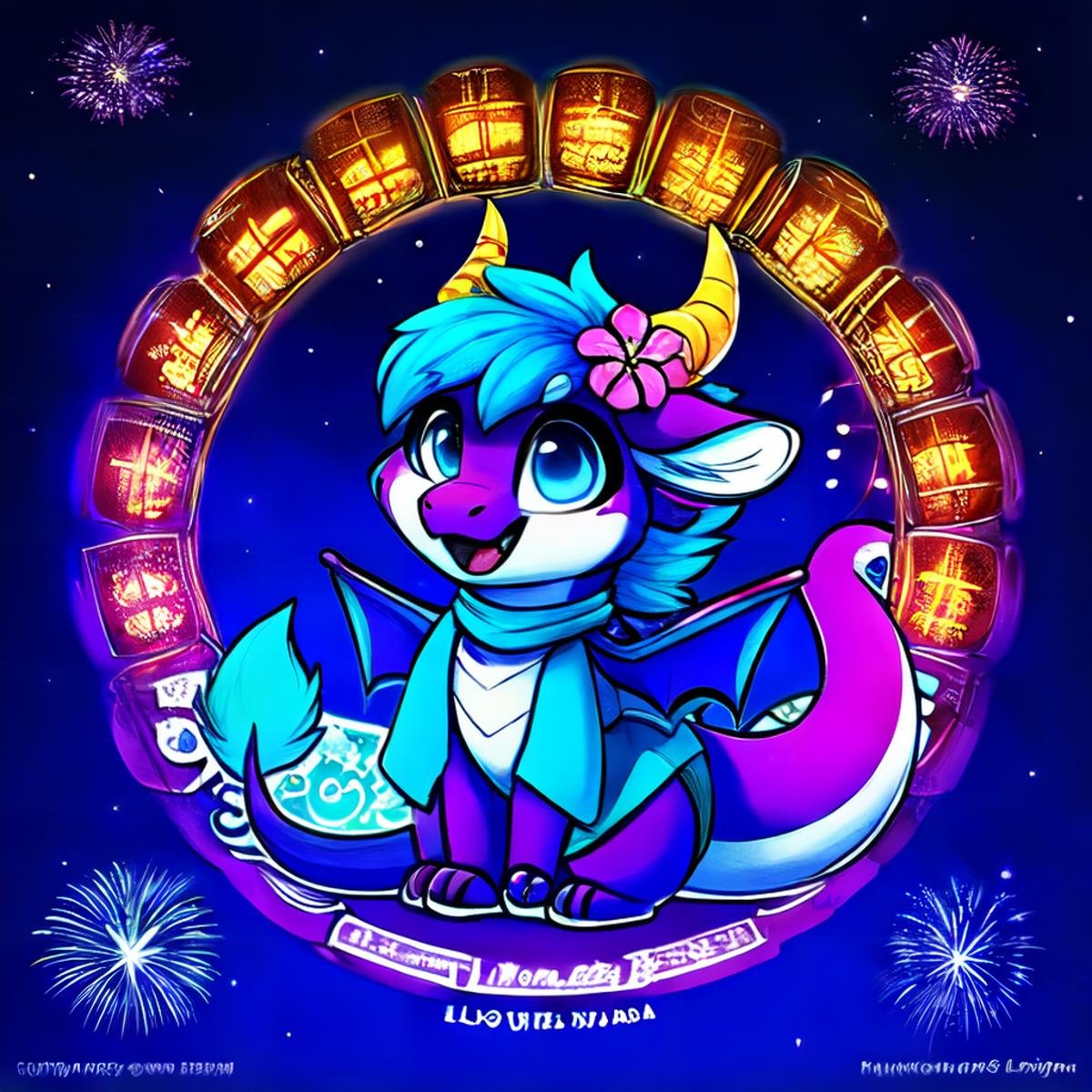 LunarChibiDragon,solo,smile,open mouth,blue eyes,hair ornament,tail,flower,wings,horns,sky,hair flower,scarf,no humans,night,fangs,night sky,dragon horns,lantern,dragon,dragon tail,company name,fireworks,blue scarf,paper lantern,chibi,lunar new year, <lora:LunarChibiDragon:1>,cultural red and yellow chinese clothes