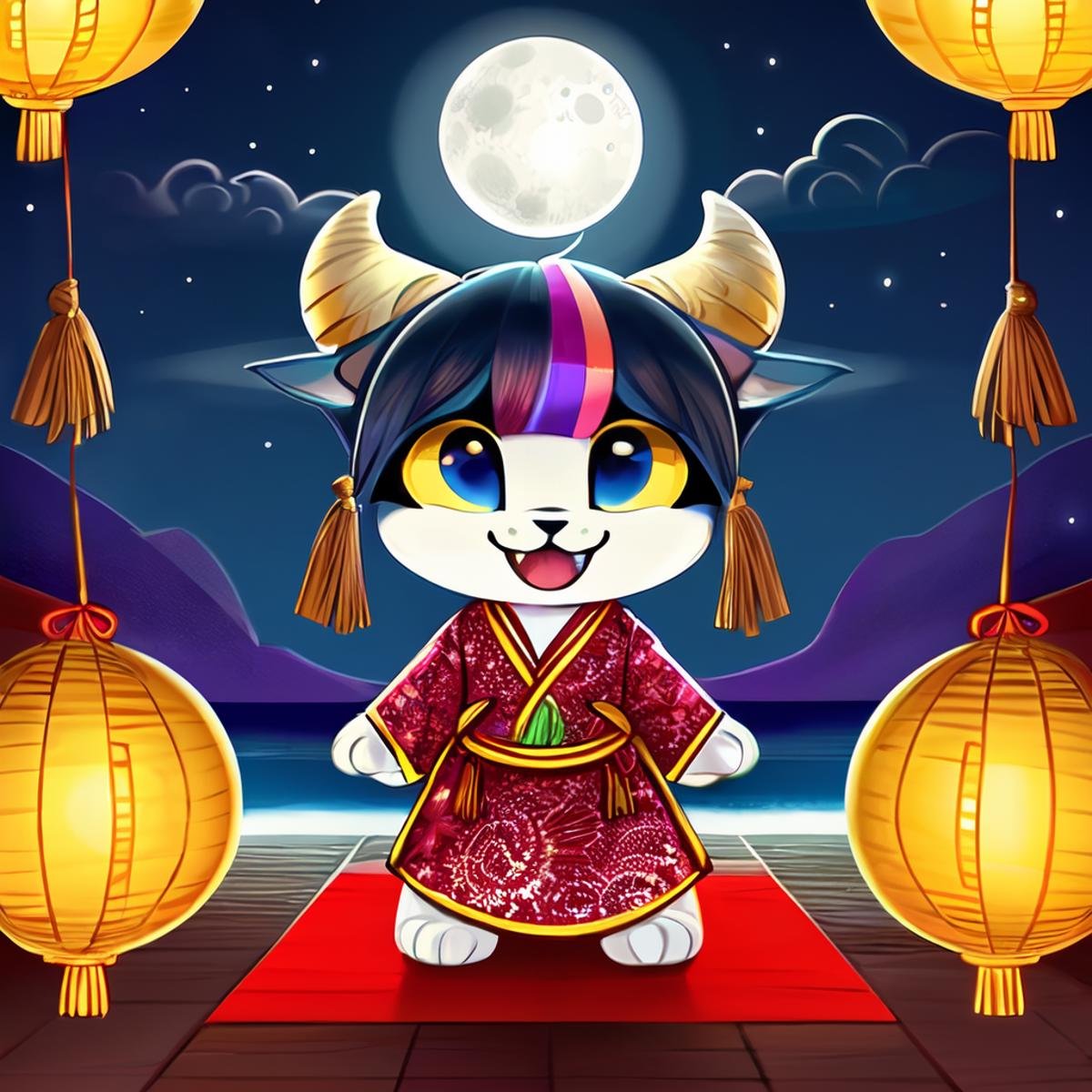 LunarChibiDragon,solo,looking at viewer,smile,open mouth,full body,:d,horns,sky,no humans,sparkle,night,fangs,watermark,moon,tassel,full moon,lantern,scales,paper lantern,chibi,lunar new year, <lora:LunarChibiDragon:1>,cultural red and yellow chinese clothes