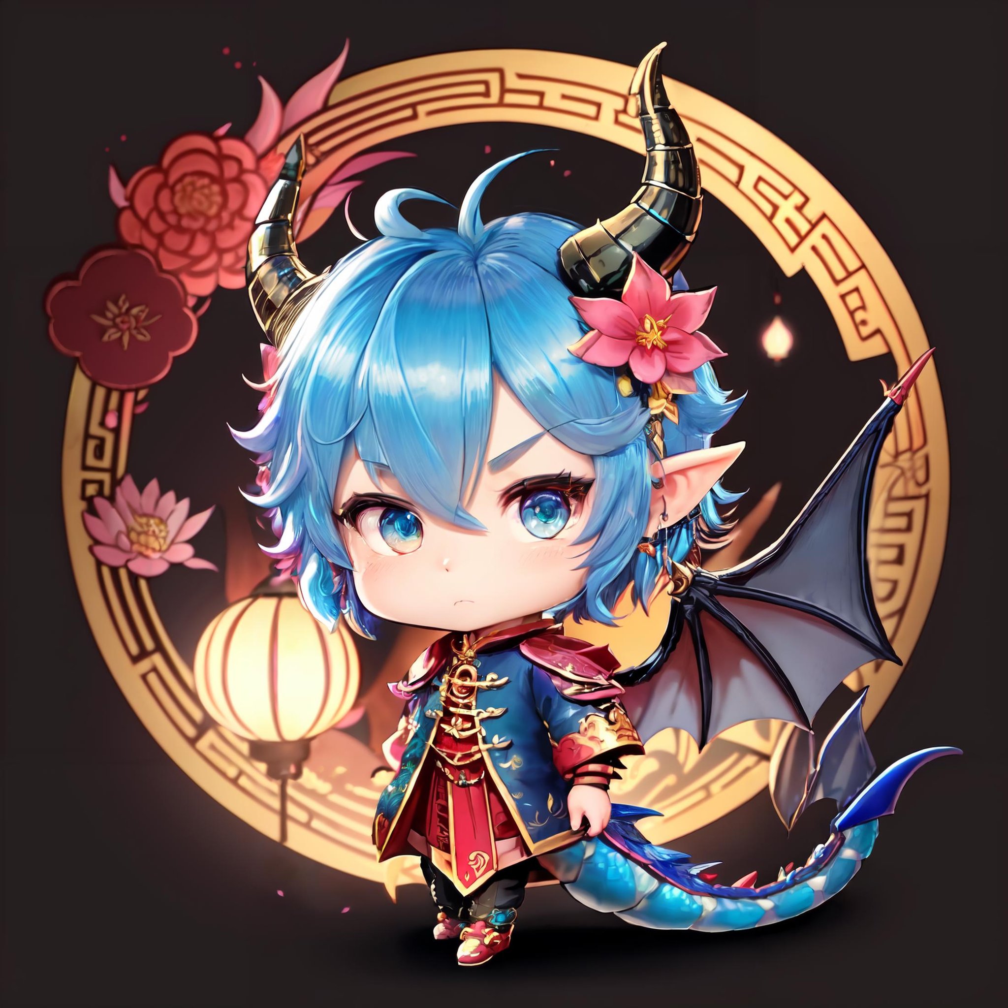 LunarChibiDragon,solo,looking at viewer,short hair,blue eyes,hair ornament,1 dragon boy,jewelry,blue hair,tail,full body,flower,male focus,multicolored hair,earrings,wings,horns,hair flower,chibi,:3,colored skin,dragon horns,lantern,dragon tail,scales,paper lantern,dragon wings,dragon boy,chibi dragon,lunar new year,nice hand,detailed face,sfw,,no human,dragon skin,humanoid dragon,dragon face, <lora:LunarChibiDragon:1>,detailed lunar new year backround with fireworks