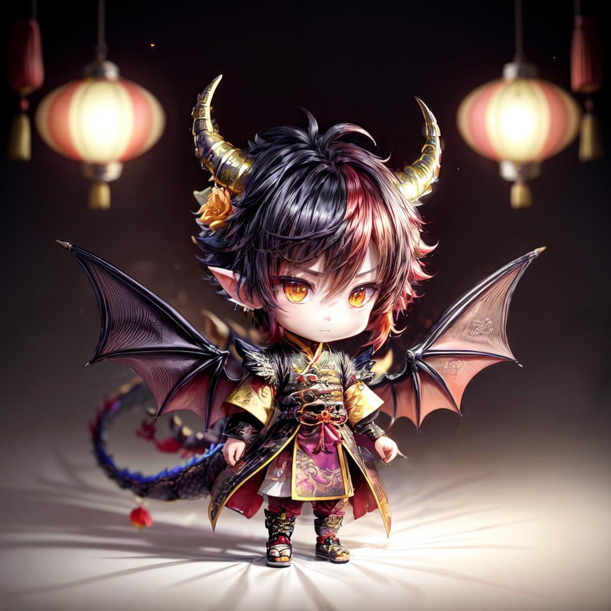 LunarChibiDragon,<lora:LunarChibiDragon:1>,solo,looking at viewer,short hair,yellow eyes,hair ornament,1boy,jewelry,redhair,tail,full body,flower,male focus,multicolored hair,earrings,wings,horns,hair flower,chibi,:3,colored skin,dragon horns,lantern,dragon tail,scales,paper lantern,dragon wings,dragon boy,chibi,lunar new year,yellow cultural chinese clothes with black  lines,detailed backround, <lora:add_detail:0.8> <lora:more_details:0.8>