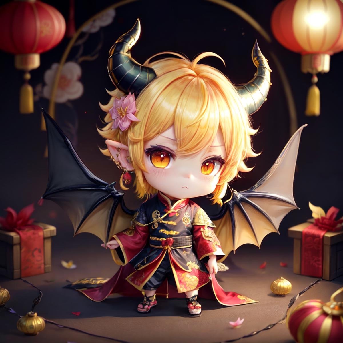 LunarChibiDragon,<lora:LunarChibiDragon:1>,solo,looking at viewer,short hair,yellow eyes,hair ornament,1boy,jewelry,yellow hair,tail,full body,flower,male focus,multicolored hair,earrings,wings,horns,hair flower,chibi,:3,colored skin,dragon horns,lantern,dragon tail,scales,paper lantern,dragon wings,dragon boy,chibi,lunar new year,red cultural chinese clothes,detailed backround, <lora:add_detail:0.8> <lora:more_details:0.8>