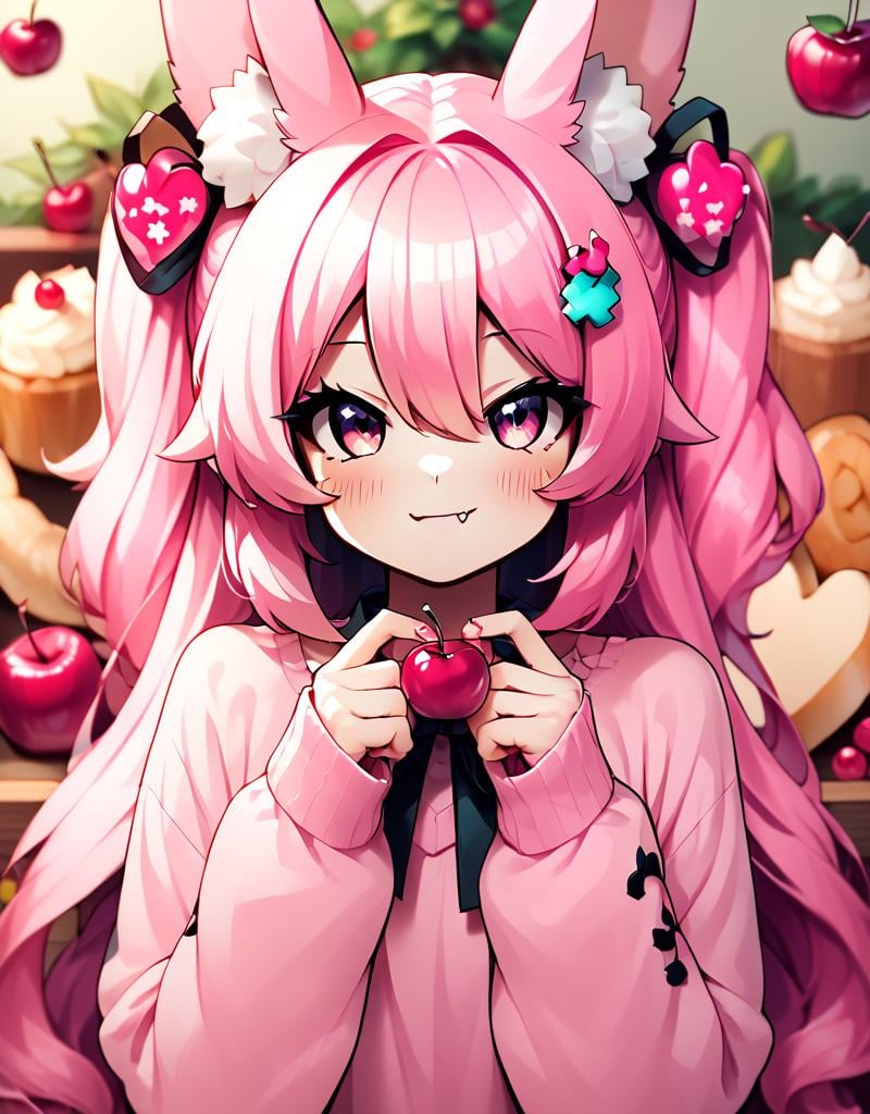 score_9, score_8_up, score_7_up, score_6_up, score_5_up, score_4_up, CuteStyle, 1girl, animal ears, pink hair, cherry, solo, food, fruit, hair ornament, animal ear fluff, pink eyes, blurry, long hair, fang, looking at viewer, rabbit ears, blush, depth of field, bangs, long sleeves, hairclip, hair between eyes, heart, skin fang, smile, star (symbol), :3, ribbon, closed mouth,<lora:Cute_Style_pony:0.8>