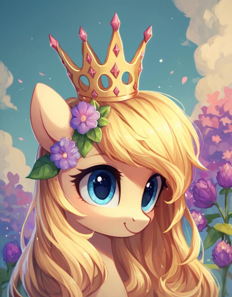 score_9, score_8_up, score_7_up, score_6_up, score_5_up, score_4_up, CuteStyle,scrambled, 1girl, solo, blue eyes, crown, blonde hair, flower, long hair, bow,,<lora:Cute_Style_pony:0.8