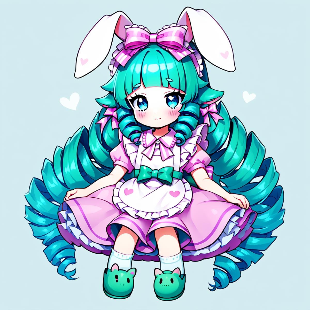 score_9, score_8_up, score_7_up, score_6_up, score_5_up, score_4_up, CuteStyle, 1girl, animal ears, rabbit ears, solo, long hair, green footwear, apron, bow, blush, hair bow, drill hair, slippers, simple background, very long hair, blue hair, bangs, socks, heart, frills, sitting, dress, looking at viewer, full body, frilled bow, frilled apron, blue eyes, closed mouth, green hair<lora:Cute_Style_pony:0.8>