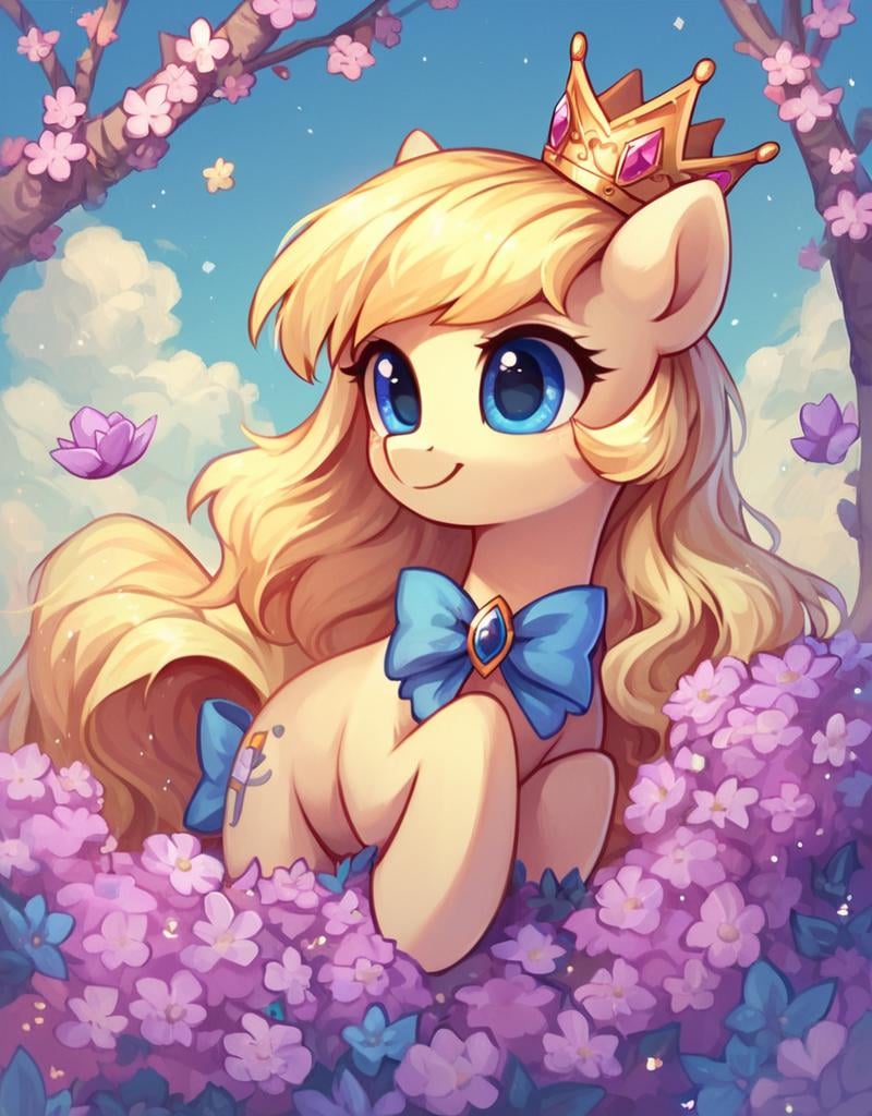 score_9, score_8_up, score_7_up, score_6_up, score_5_up, score_4_up, CuteStyle,scrambled, 1girl, solo, blue eyes, crown, blonde hair, flower, long hair, bow,,<lora:Cute_Style_pony:0.8