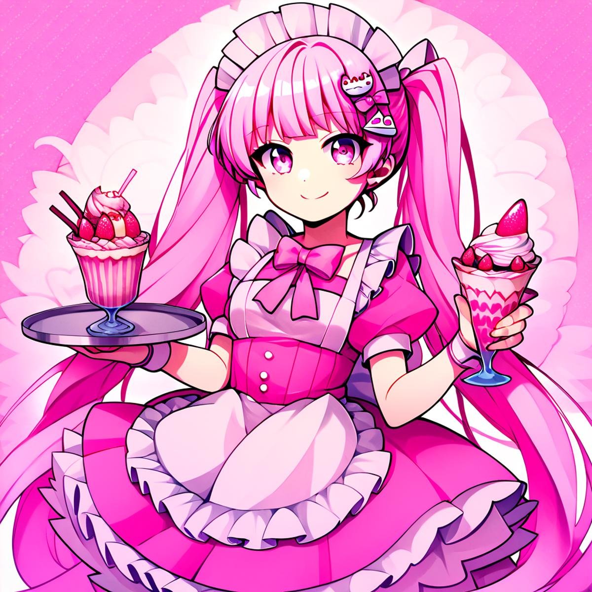 score_9, score_8_up, score_7_up, score_6_up, score_5_up, score_4_up, CuteStyle,1girl, solo, pink theme, food, parfait, pink hair, strawberry, fruit, twintails, maid headdress, pink eyes, long hair, hair ornament, holding, dress, frills, heart, smile, tray, apron, pink dress, short sleeves, bow, holding tray, looking at viewer, bangs, pink bow, cake, very long hair, puffy short sleeves,<lora:Cute_Style_pony:0.8>