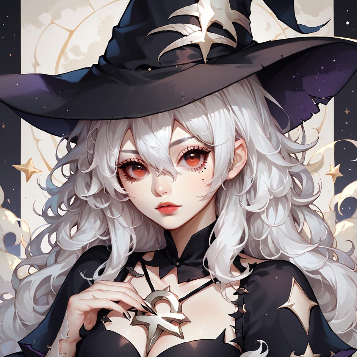 score_9, score_8_up, score_7_up, score_6_up, score_5_up, score_4_up, CuteStyle,scrambled, 1girl, solo, witch hat, hat, long hair, white hair, sample watermark, red eyes, looking at viewer, upper body, bangs, witch, hair between eyes, black headwear, star (symbol)<lora:Cute_Style_pony:0.8>