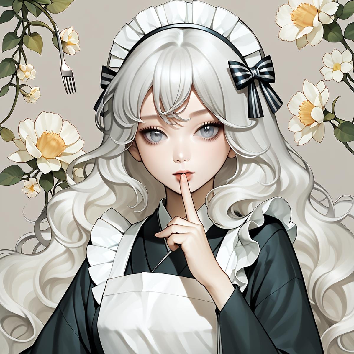 score_9, score_8_up, score_7_up, score_6_up, score_5_up, score_4_up, CuteStyle,scrambled, 1girl, solo, long hair, flower, apron, maid headdress,  looking at viewer, white hair, long sleeves, white apron, fork, upper body, white flower, bangs, wa maid, japanese clothes, kimono, bow, grey eyes, wavy hair, hair bow, frilled apron, finger to mouth, <lora:Cute_Style_pony:0.8>