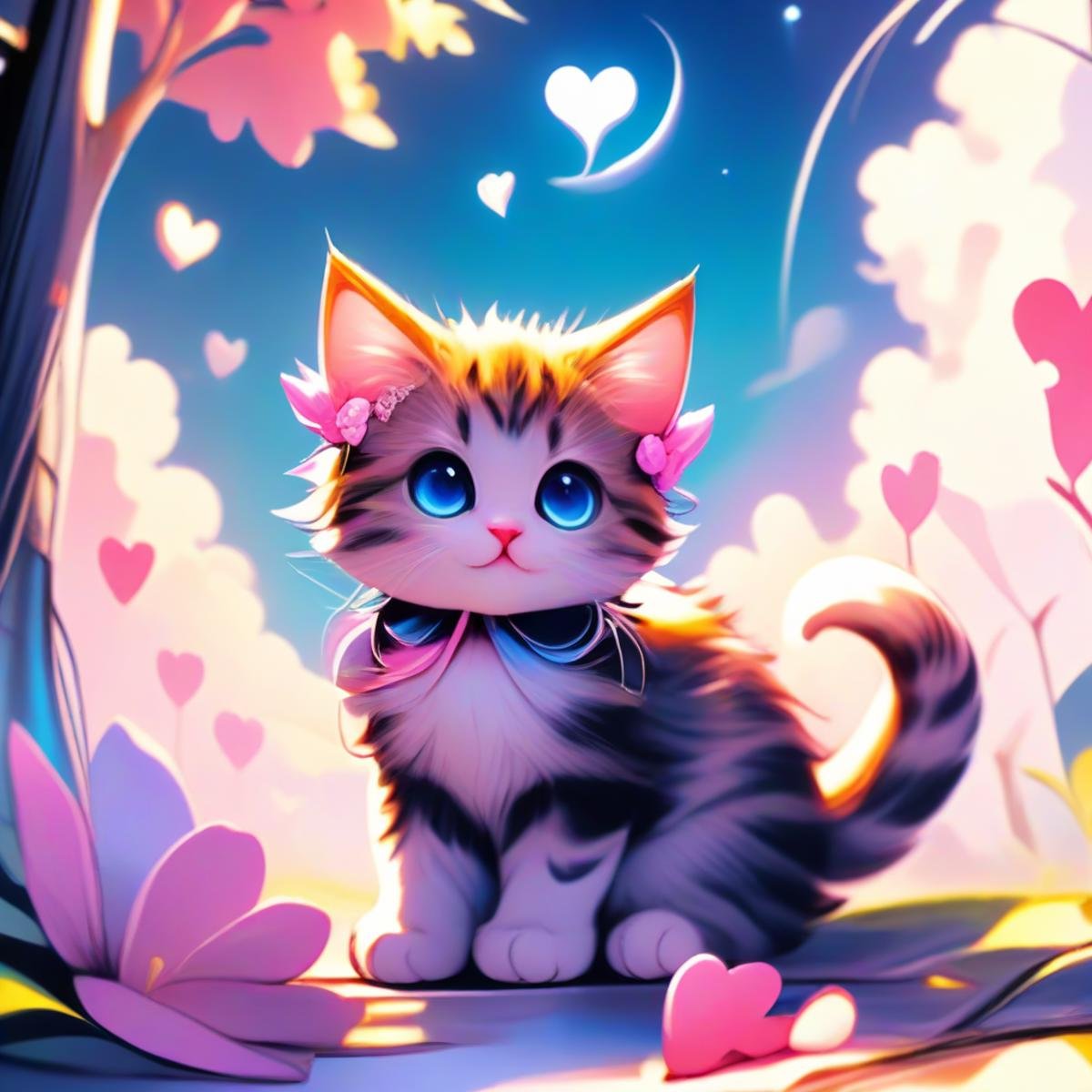 ValentineNatureStyleSDXL,no humans, flowers, water, plant, fantasy, petals, full moon, moon, cloud, colorful, hearts, outdoors, Darling, cute cat animal, sunlight, crescent moon, <lora:ValentineNatureStyleSDXL:1>