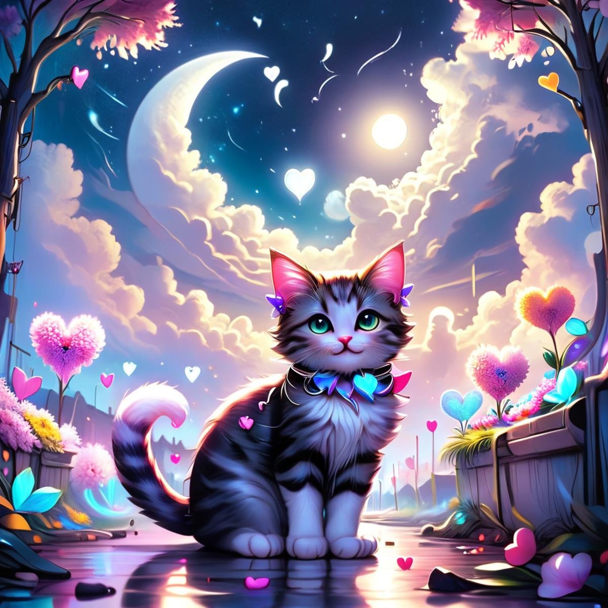 ValentineNatureStyleSDXL,no humans, flowers, water, plant, fantasy, petals, full moon, moon, cloud, colorful, hearts, outdoors, Darling, cute cat animal, sunlight, crescent moon, <lora:ValentineNatureStyleSDXL:1> 
