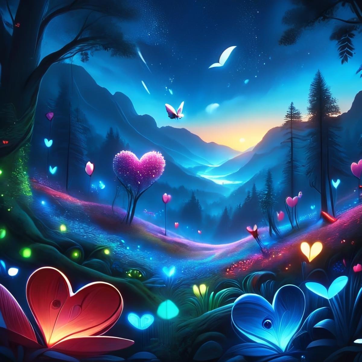 ValentineNatureStyleSDXL,crescent moon, big eyes, fireflies, starry sky, sunset, heart, butterfly, flower, blue sky, night sky, mountain, nature, no humans, bird, forest, 3d, <lora:ValentineNatureStyleSDXL:1>