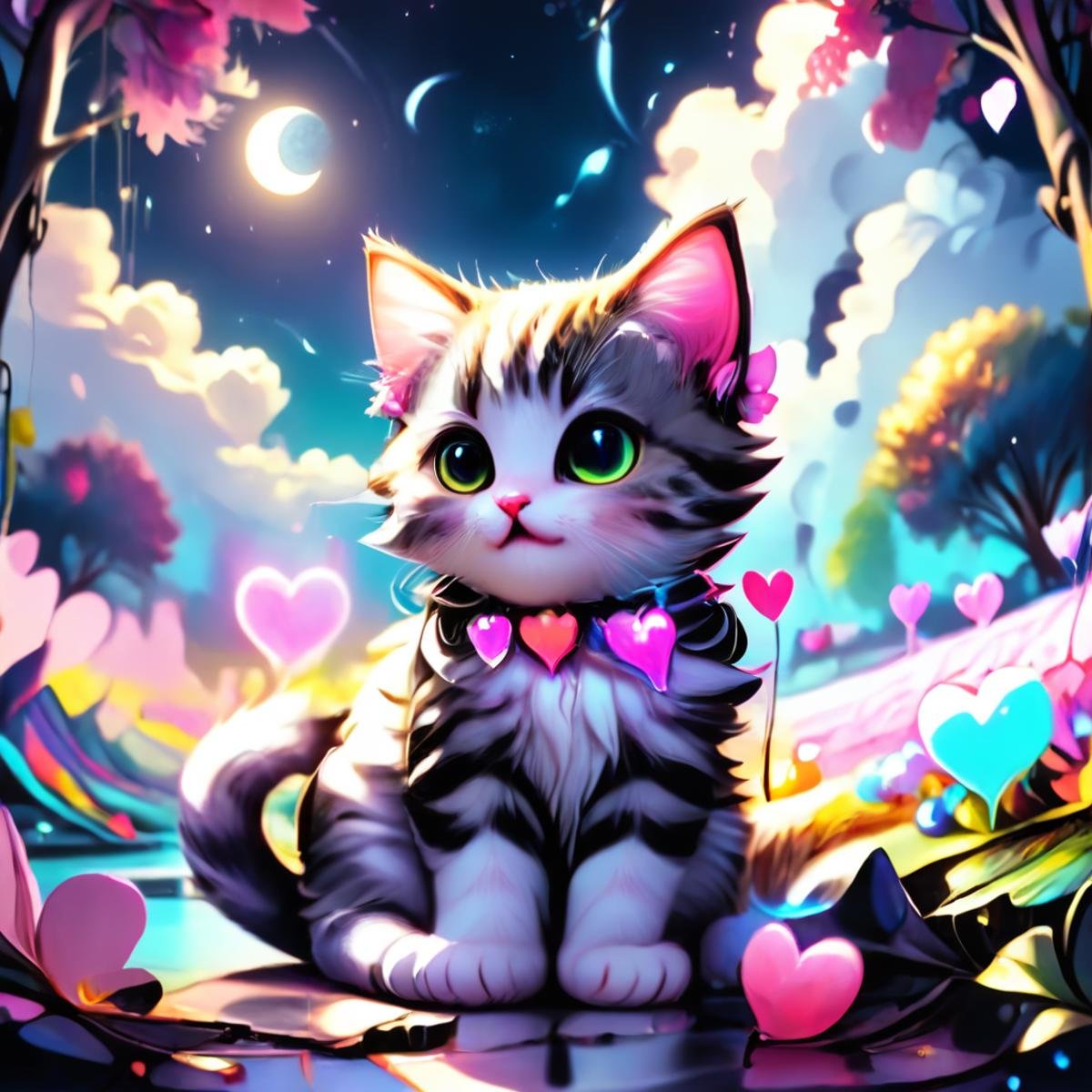 ValentineNatureStyleSDXL,no humans, flowers, water, plant, fantasy, petals, full moon, moon, cloud, colorful, hearts, outdoors, Darling, cute cat animal, sunlight, crescent moon, <lora:ValentineNatureStyleSDXL:1> <lora:add-detail-xl:0.8>, <lora:Contained_Color_SDXL:0.8> Contained Color