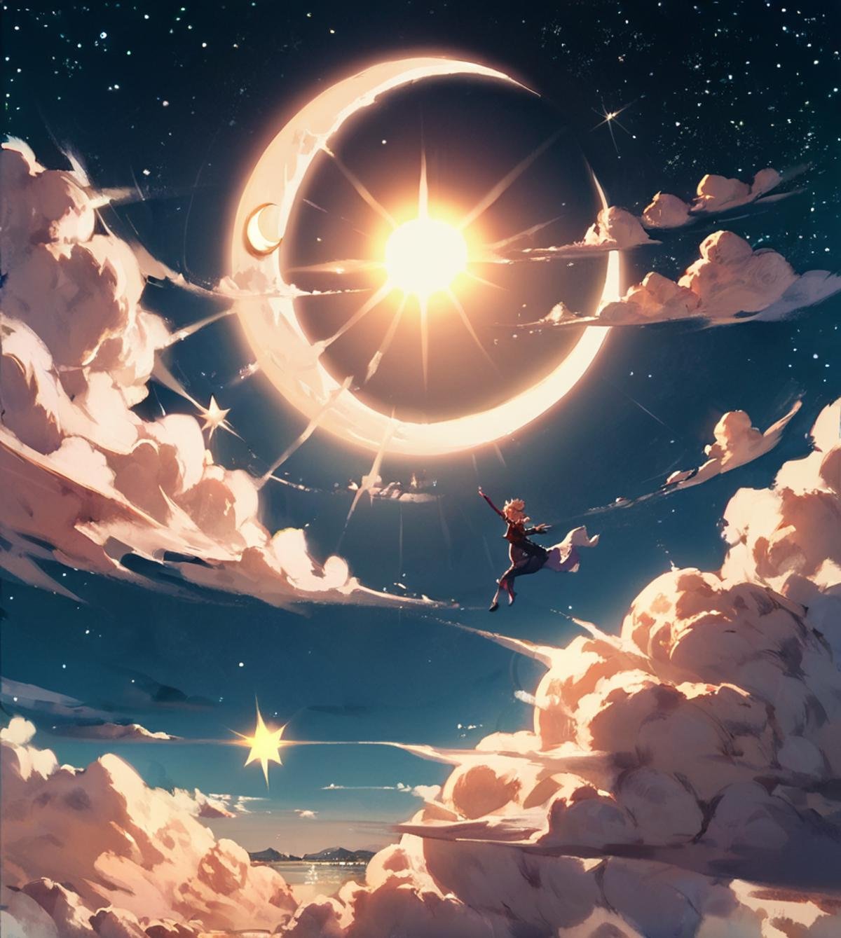 score_9, score_8_up, score_7_up, score_6_up, score_5_up, score_4_up,, <lora:airmode:0.6>,airmode, 1girl, sky, star (sky), moon, solo, cloud, sun, crescent moon, starry sky, scenery