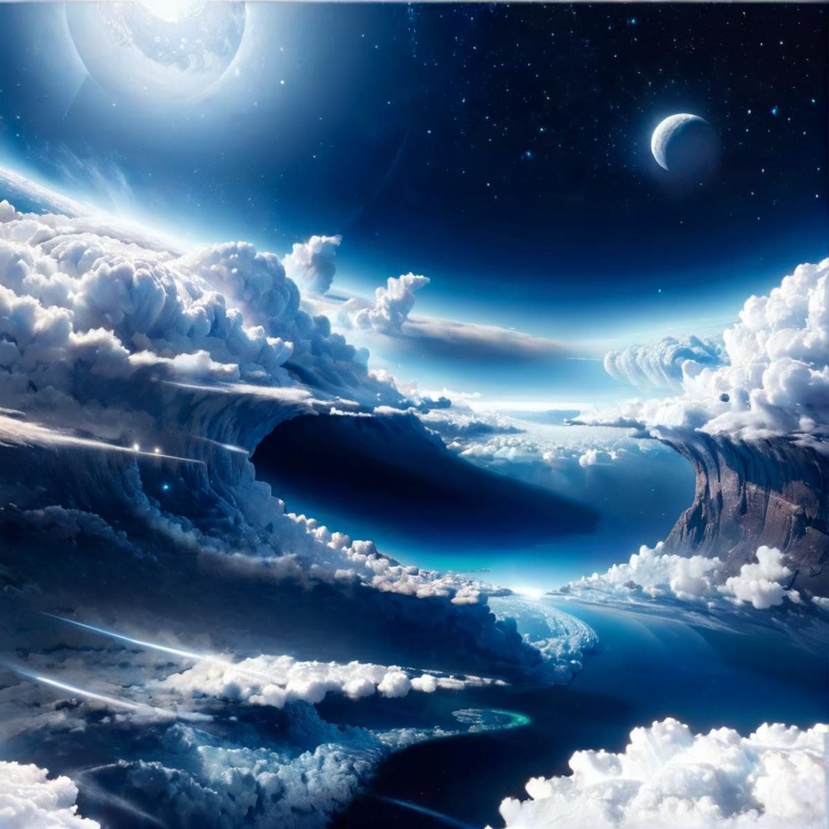 masterpiece,high resolution,detailed, <lora:air_xl:0.8>,airmode,, scenery, cloud, sky, moon, star (sky), , blue theme, starry sky, above clouds, planet