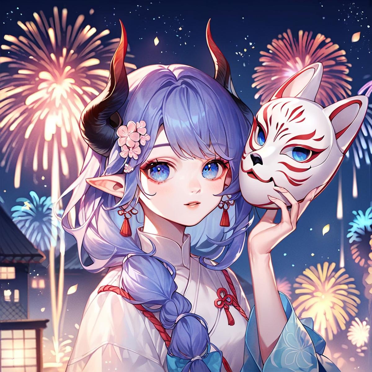 score_9, score_8_up, score_7_up, score_6_up, score_5_up, score_4_up,<lora:cute_style_pony_v2:0.6>,CuteStyle,cuteeyes,, 1girl, fireworks, mask, blue eyes, horns, solo, pointy ears, jewelry, looking at viewer, holding mask, sample , hair ornament