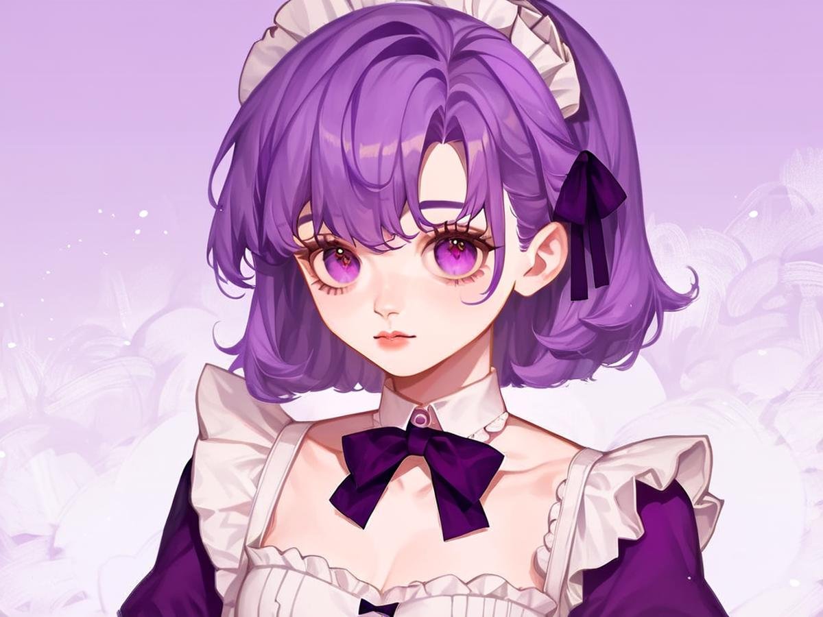 score_9, score_8_up, score_7_up, score_6_up, score_5_up, score_4_up,<lora:cute_style_pony_v2:0.8>,CuteStyle,cuteeyes,1girl,solo,maid,purple theme 